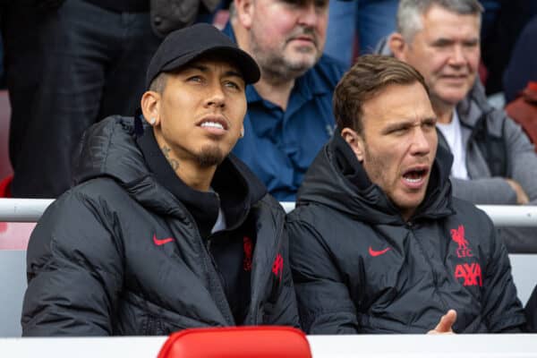 LIVERPOOL, ENGLAND - Saturday, April 22, 2023: Liverpool's injured players Roberto Firmino (L)a and Arthur Melo seen before the FA Premier League match between Liverpool FC and Nottingham Forest FC at Anfield. (Pic by David Rawcliffe/Propaganda)