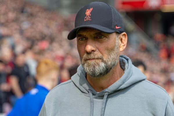 LIVERPOOL, ENGLAND - Saturday, April 22, 2023: Liverpool's manager Jürgen Klopp during the FA Premier League match between Liverpool FC and Nottingham Forest FC at Anfield. (Pic by David Rawcliffe/Propaganda)