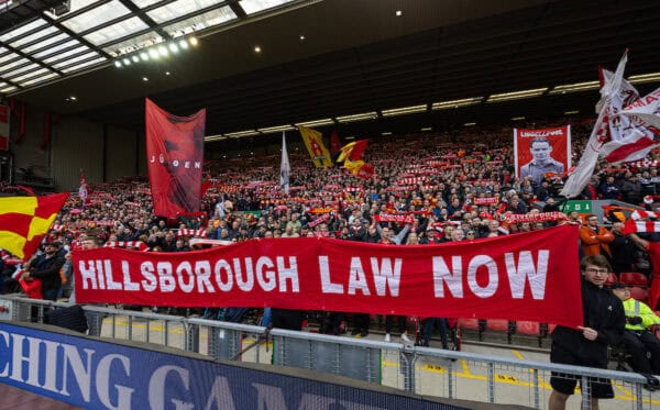 LIVERPOOL, ENGLAND - Saturday, April 22, 2023: Liverpool supporters' banner calling for a Hillsborough Law during the FA Premier League match between Liverpool FC and Nottingham Forest FC at Anfield. (Pic by David Rawcliffe/Propaganda)