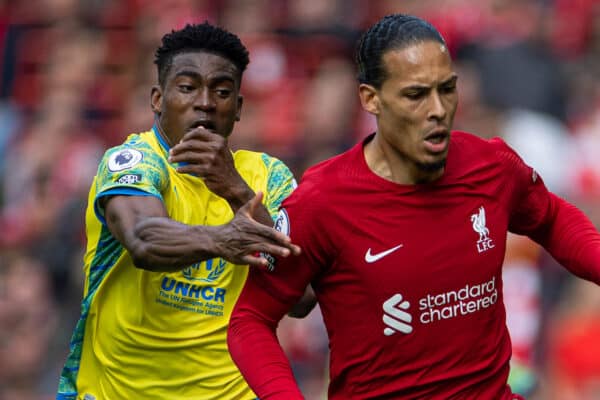 LIVERPOOL, ENGLAND - Saturday, April 22, 2023: Liverpool's Virgil van Dijk (R) is challenged by Nottingham Forest's Taiwo Awoniyi during the FA Premier League match between Liverpool FC and Nottingham Forest FC at Anfield. (Pic by David Rawcliffe/Propaganda)