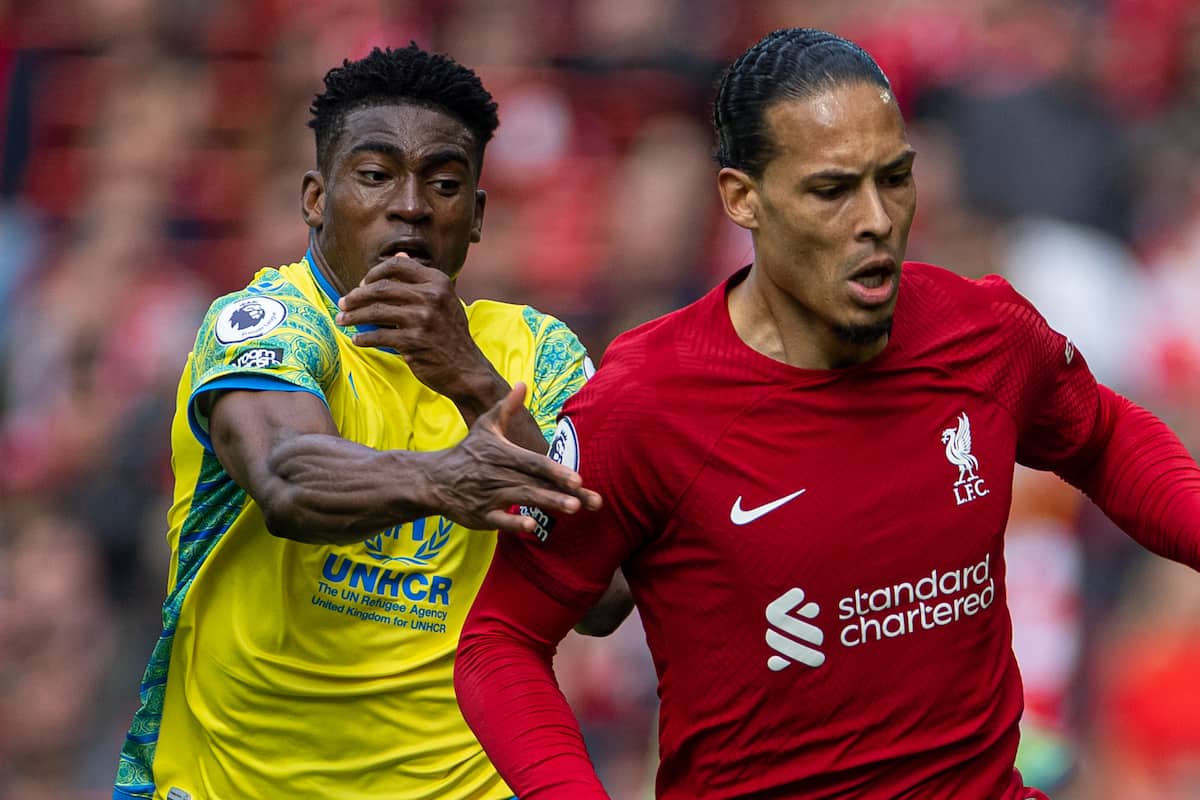 LIVERPOOL, ENGLAND - Saturday, April 22, 2023: Liverpool's Virgil van Dijk (R) is challenged by Nottingham Forest's Taiwo Awoniyi during the FA Premier League match between Liverpool FC and Nottingham Forest FC at Anfield. (Pic by David Rawcliffe/Propaganda)