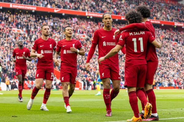 LIVERPOOL, ENGLAND - Saturday, April 22, 2023: Liverpool's Mohamed Salah celebrates after scoring the third goal, and go level with Robbie Fowler as the club's 6th highest goal-scorer with 183 goals, during the FA Premier League match between Liverpool FC and Nottingham Forest FC at Anfield. (Pic by David Rawcliffe/Propaganda)