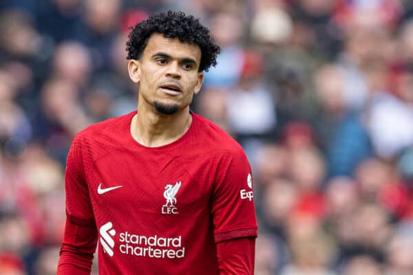 LIVERPOOL, ENGLAND - Saturday, April 22, 2023: Liverpool's Luis Díaz during the FA Premier League match between Liverpool FC and Nottingham Forest FC at Anfield. (Pic by David Rawcliffe/Propaganda)