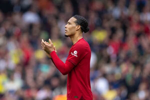 LIVERPOOL, ENGLAND - Saturday, April 22, 2023: Liverpool's Virgil van Dijk applauds the supporters after the FA Premier League match between Liverpool FC and Nottingham Forest FC at Anfield. Liverpool won 3-2. (Pic by David Rawcliffe/Propaganda)