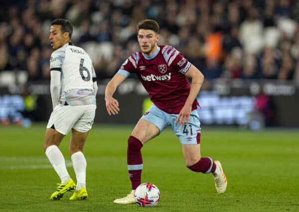 LONDON, ENGLAND - Wednesday, April 26, 2023: West Ham United's captain Declan Rice during the FA Premier League match between West Ham United FC and Liverpool FC at the London Stadium. Liverpool won 2-1. (Pic by David Rawcliffe/Propaganda)