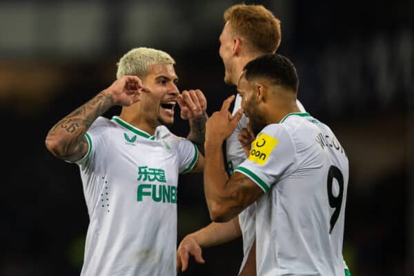 LIVERPOOL, ENGLAND - Thursday, April 27, 2023: Newcastle United's Callum Wilson (R) celebrates scoring the third goal with team-mate Bruno Guimarães during the FA Premier League match between Everton FC and Newcastle United FC at Goodison Park. (Pic by Jessica Hornby/Propaganda)