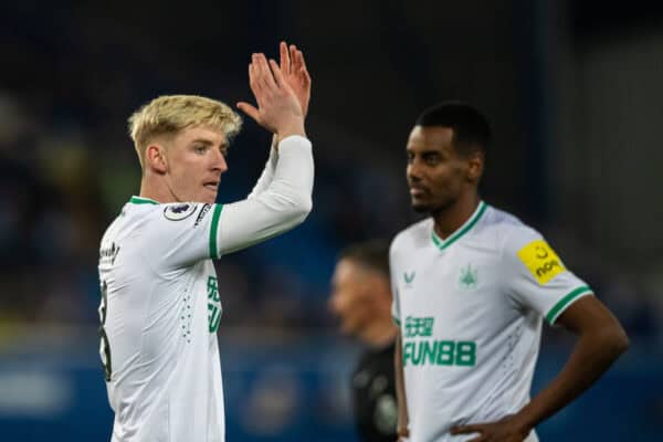 LIVERPOOL, ENGLAND - Thursday, April 27, 2023: Newcastle United's Anthony Gordon applauds the away supporters during the FA Premier League match between Everton FC and Newcastle United FC at Goodison Park. (Pic by Jessica Hornby/Propaganda)