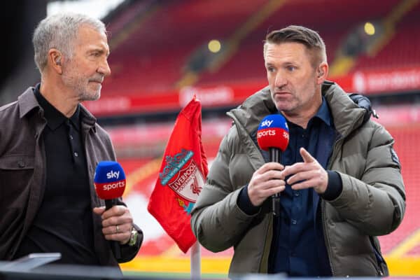 LIVERPOOL, ENGLAND - Sunday, April 30, 2023: Former Liverpool player Robbie Keane (R) and former player & manger Graeme Souness, working for Sky Sports, before the FA Premier League match between Liverpool FC and Tottenham Hotspur FC at Anfield. (Pic by David Rawcliffe/Propaganda)