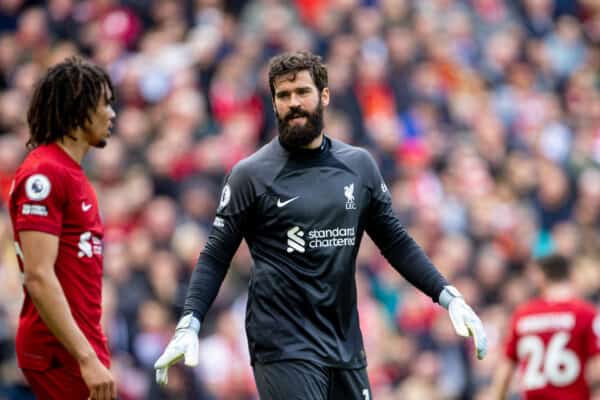 LIVERPOOL, ENGLAND - Sunday, April 30, 2023: Liverpool's goalkeeper Alisson Becker during the FA Premier League match between Liverpool FC and Tottenham Hotspur FC at Anfield. Liverpool won 4-3. (Pic by David Rawcliffe/Propaganda)