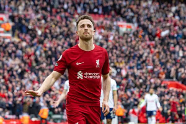 LIVERPOOL, ENGLAND - Sunday, April 30, 2023: Liverpool's Diogo Jota celebrates after scoring the winning fourth goal in injury time during the FA Premier League match between Liverpool FC and Tottenham Hotspur FC at Anfield. Liverpool won 4-3. (Pic by David Rawcliffe/Propaganda)