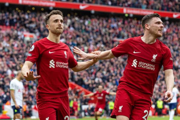 LIVERPOOL, ENGLAND - Sunday, April 30, 2023: Liverpool's Diogo Jota (L) celebrates after scoring the winning fourth goal in injury time during the FA Premier League match between Liverpool FC and Tottenham Hotspur FC at Anfield. Liverpool won 4-3. (Pic by David Rawcliffe/Propaganda)