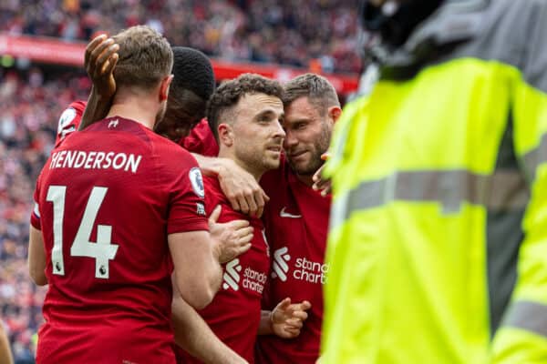 LIVERPOOL, ENGLAND - Sunday, April 30, 2023: Liverpool's Diogo Jota (C) celebrates with team-mates after scoring the winning fourth goal in injury time during the FA Premier League match between Liverpool FC and Tottenham Hotspur FC at Anfield. Liverpool won 4-3. (Pic by David Rawcliffe/Propaganda)