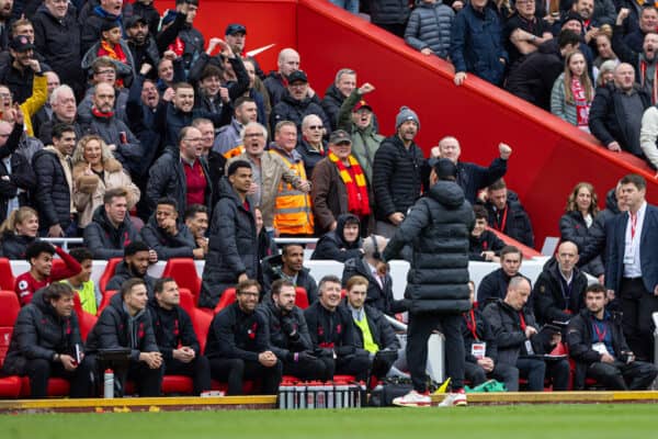 LIVERPOOL, ENGLAND - Sunday, April 30, 2023: Liverpool supporters celebrate an injury time winning goal with manager Jürgen Klopp during the FA Premier League match between Liverpool FC and Tottenham Hotspur FC at Anfield. Liverpool won 4-3. (Pic by David Rawcliffe/Propaganda)