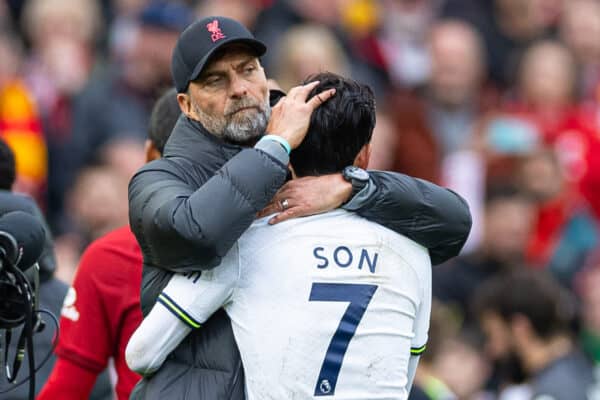 LIVERPOOL, ENGLAND - Sunday, April 30, 2023: Liverpool's manager Jürgen Klopp (L) embraces Tottenham Hotspur's Son Heung-min after the FA Premier League match between Liverpool FC and Tottenham Hotspur FC at Anfield. Liverpool won 4-3. (Pic by David Rawcliffe/Propaganda)