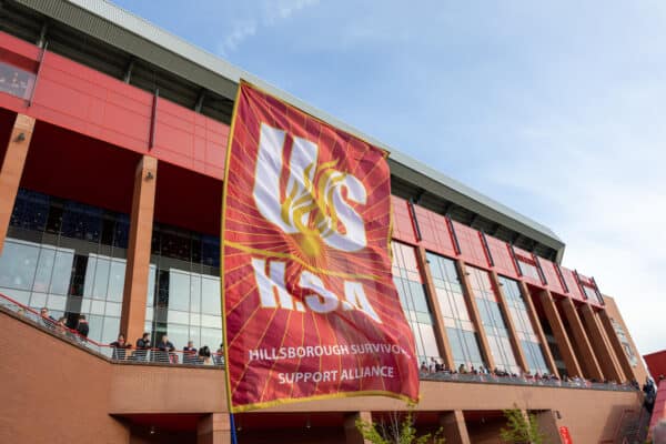 LIVERPOOL, ENGLAND - Wednesday, May 3, 2023: HSA (Hillsborough Survivors Support Alliance) flag during the FA Premier League match between Liverpool FC and Fulham FC at Anfield. Liverpool won 1-0. (Pic by David Rawcliffe/Propaganda)