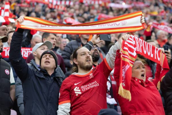 LIVERPOOL, ENGLAND - Wednesday, May 3, 2023: Liverpool supporters sing "You'll Never Walk Alone" before the FA Premier League match between Liverpool FC and Fulham FC at Anfield. Liverpool won 1-0. (Pic by David Rawcliffe/Propaganda)