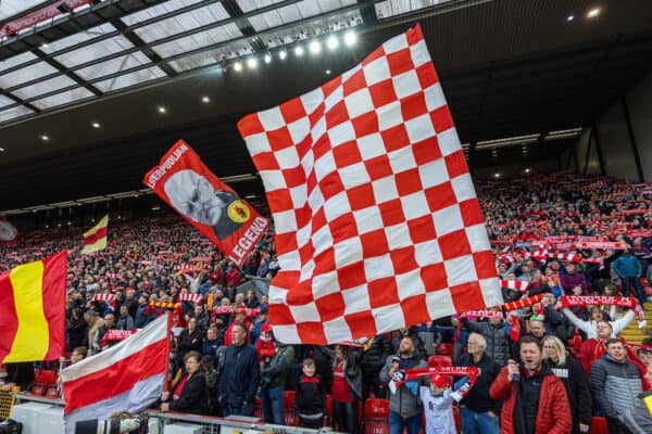 LIVERPOOL, ENGLAND - Wednesday, May 3, 2023: Liverpool supporters on the Spion Kop sing "You'll Never Walk Alone" before the FA Premier League match between Liverpool FC and Fulham FC at Anfield. Liverpool won 1-0. (Pic by David Rawcliffe/Propaganda)