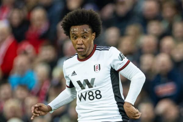  Fulham's Willian Borges da Silva during the FA Premier League match between Liverpool FC and Fulham FC at Anfield. Liverpool won 1-0. (Pic by David Rawcliffe/Propaganda)