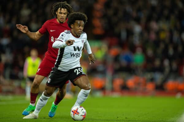  Fulham's Willian Borges da Silva (R) hets away from Liverpool's Trent Alexander-Arnold during the FA Premier League match between Liverpool FC and Fulham FC at Anfield. Liverpool won 1-0. (Pic by David Rawcliffe/Propaganda)