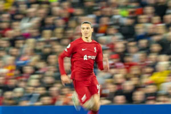 LIVERPOOL, ENGLAND - Wednesday, May 3, 2023: Liverpool's Darwin Núñez during the FA Premier League match between Liverpool FC and Fulham FC at Anfield. Liverpool won 1-0. (Pic by David Rawcliffe/Propaganda)