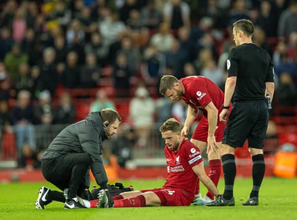 LIVERPOOL, ENGLAND - Wednesday, May 3, 2023: Liverpool's captain Jordan Henderson is treated for an injury during the FA Premier League match between Liverpool FC and Fulham FC at Anfield. Liverpool won 1-0. (Pic by David Rawcliffe/Propaganda)