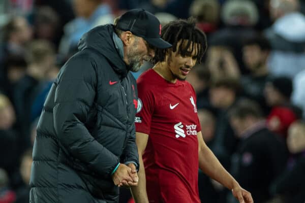 LIVERPOOL, ENGLAND - Wednesday, May 3, 2023: Liverpool's manager Jürgen Klopp (L) with Trent Alexander-Arnold after the FA Premier League match between Liverpool FC and Fulham FC at Anfield. Liverpool won 1-0. (Pic by David Rawcliffe/Propaganda)