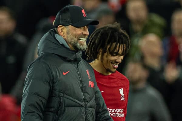 LIVERPOOL, ENGLAND - Wednesday, May 3, 2023: Liverpool's manager Jürgen Klopp (L) with Trent Alexander-Arnold after the FA Premier League match between Liverpool FC and Fulham FC at Anfield. Liverpool won 1-0. (Pic by David Rawcliffe/Propaganda)