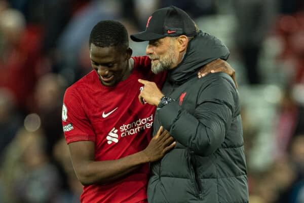 LIVERPOOL, ENGLAND - Wednesday, May 3, 2023: Liverpool's manager Jürgen Klopp (R) with Ibrahima Konate after the FA Premier League match between Liverpool FC and Fulham FC at Anfield. Liverpool won 1-0. (Pic by David Rawcliffe/Propaganda)