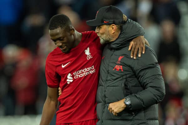 LIVERPOOL, ENGLAND - Wednesday, May 3, 2023: Liverpool's manager Jürgen Klopp (R) with Ibrahima Konaté after the FA Premier League match between Liverpool FC and Fulham FC at Anfield. Liverpool won 1-0. (Pic by David Rawcliffe/Propaganda)