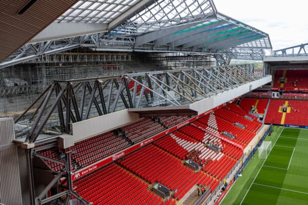 LIVERPOOL, ENGLAND - Saturday, May 6, 2023: A view of the new upper tier of the Anfield Road stand being constructed before the FA Premier League match between Liverpool FC and Brentford FC at Anfield. Liverpool won 1-0. (Pic by David Rawcliffe/Propaganda)