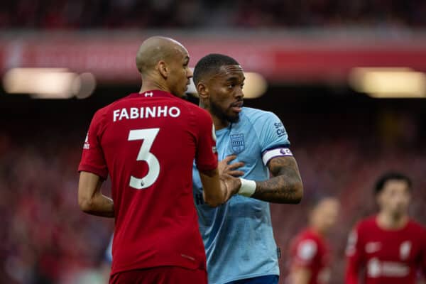 LIVERPOOL, ENGLAND - Saturday, May 6, 2023: Brentford's Ivan Toney (R) and Liverpool's Fabio Henrique Tavares 'Fabinho' during the FA Premier League match between Liverpool FC and Brentford FC at Anfield. Liverpool won 1-0. (Pic by David Rawcliffe/Propaganda)