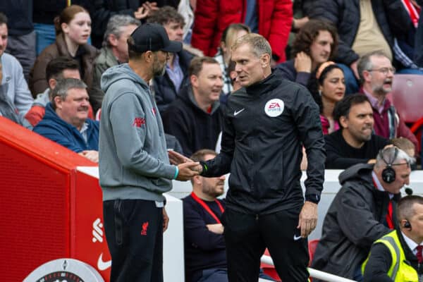 LIVERPOOL, ENGLAND - Saturday, May 6, 2023: Liverpool's manager Jürgen Klopp speaks with the fourth official during the FA Premier League match between Liverpool FC and Brentford FC at Anfield. Liverpool won 1-0. (Pic by David Rawcliffe/Propaganda)