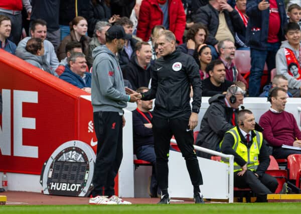 LIVERPOOL, ENGLAND - Saturday, May 6, 2023: Liverpool's manager Jürgen Klopp speaks with the fourth official during the FA Premier League match between Liverpool FC and Brentford FC at Anfield. Liverpool won 1-0. (Pic by David Rawcliffe/Propaganda)