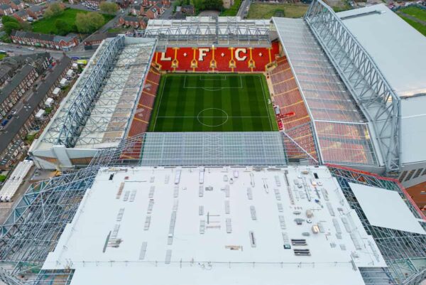 LIVERPOOL, ENGLAND - Saturday, May 6, 2023: An aerial view of Anfield during the FA Premier League match between Liverpool FC and Brentford FC at Anfield. (Pic by David Rawcliffe/Propaganda)