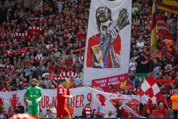 LIVERPOOL, ENGLAND - Saturday, May 20, 2023: Liverpool supporters' banner featuring an image of Roberto Firmino kissing the FIFA Club World Cup Trophy during the FA Premier League match between Liverpool FC and Aston Villa FC at Anfield. (Pic by David Rawcliffe/Propaganda)