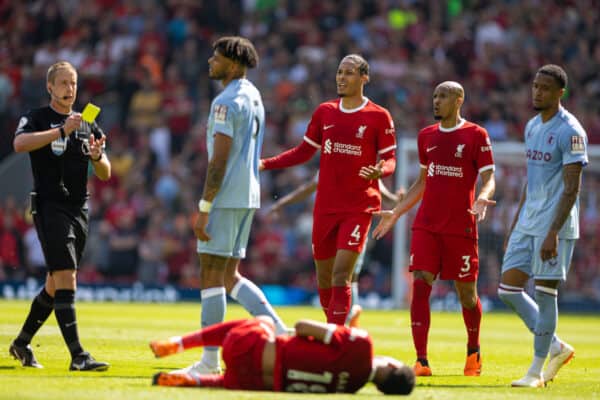 LIVERPOOL, ENGLAND - Saturday, May 20, 2023: Liverpool's Virgil van Dijk and Fabio Henrique Tavares 'Fabinho' react as referee John Brooks only issues a yellow card to Aston Villa's Tyrone Mings during the FA Premier League match between Liverpool FC and Aston Villa FC at Anfield. (Pic by David Rawcliffe/Propaganda)