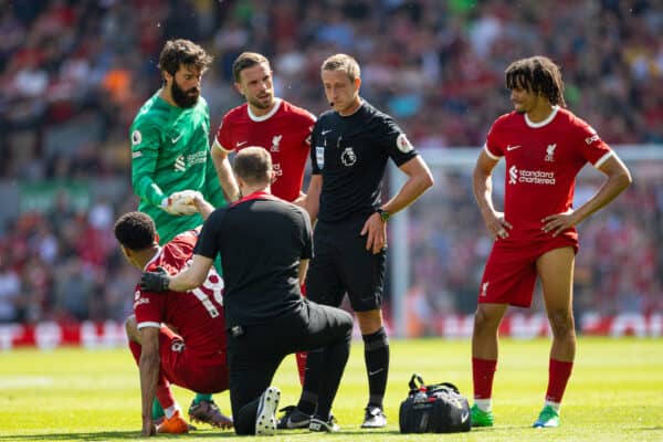LIVERPOOL, ENGLAND - Saturday, May 20, 2023: Liverpool's captain Jordan Henderson speaks with referee John Brooks during the FA Premier League match between Liverpool FC and Aston Villa FC at Anfield. (Pic by David Rawcliffe/Propaganda)