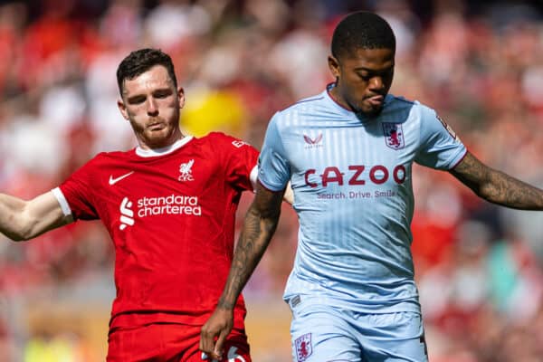 LIVERPOOL, ENGLAND - Saturday, May 20, 2023: Liverpool's Andy Robertson (L) challenges Aston Villa's Diego Carlos during the FA Premier League match between Liverpool FC and Aston Villa FC at Anfield. (Pic by David Rawcliffe/Propaganda)