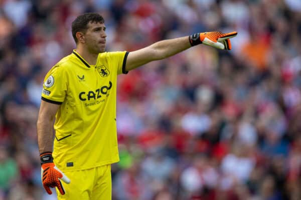 LIVERPOOL, ENGLAND - Saturday, May 20, 2023: Aston Villa's goalkeeper Emiliano Martínez during the FA Premier League match between Liverpool FC and Aston Villa FC at Anfield. (Pic by David Rawcliffe/Propaganda)