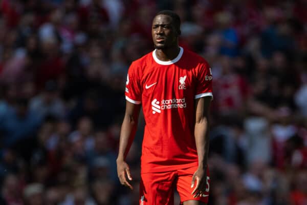 LIVERPOOL, INGLATERRA - Sábado, 20 de mayo de 2023: Ibrahima Konaté de Liverpool durante el partido de la FA Premier League entre Liverpool FC y Aston Villa FC en Anfield.  (Foto de David Rawcliffe/Propaganda)