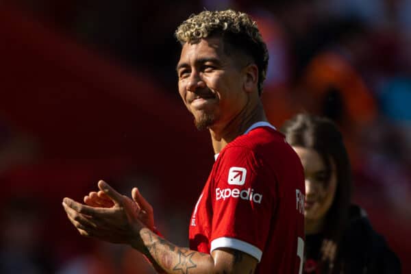 LIVERPOOL, ENGLAND - Saturday, May 20, 2023: Liverpool's Roberto Firmino applauds the supporters after the FA Premier League match between Liverpool FC and Aston Villa FC at Anfield. (Pic by David Rawcliffe/Propaganda)