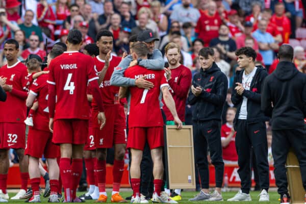 LIVERPOOL, ENGLAND - Saturday, May 20, 2023: Liverpool's James Milner is embraced by manager Jürgen Klopp as he is given a guard of honour after the FA Premier League match between Liverpool FC and Aston Villa FC at Anfield. (Pic by David Rawcliffe/Propaganda)