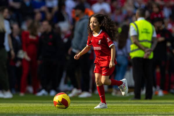 LIVERPOOL, ENGLAND - Saturday, May 20, 2023: The daughter of Liverpool's Mohamed Salah on the pitch after the FA Premier League match between Liverpool FC and Aston Villa FC at Anfield. (Pic by David Rawcliffe/Propaganda)