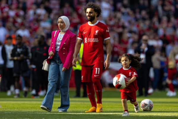 LIVERPOOL, ENGLAND - Saturday, May 20, 2023: Liverpool's Mohamed Salah (R) and his wife Magi Sadeq during the FA Premier League match between Liverpool FC and Aston Villa FC at Anfield. (Pic by David Rawcliffe/Propaganda)