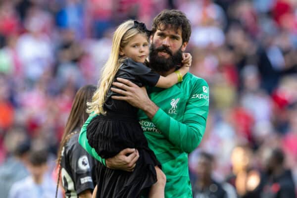 LIVERPOOL, ENGLAND - Saturday, May 20, 2023: Liverpool's goalkeeper Alisson Becker and his daughter on the pitch after the FA Premier League match between Liverpool FC and Aston Villa FC at Anfield. (Pic by David Rawcliffe/Propaganda)