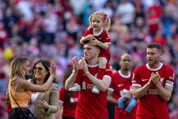 LIVERPOOL, ENGLAND - Saturday, May 20, 2023: Liverpool's Andy Robertson and his daughter on the pitch after the FA Premier League match between Liverpool FC and Aston Villa FC at Anfield. (Pic by David Rawcliffe/Propaganda)