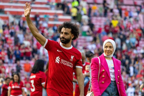 LIVERPOOL, ENGLAND - Saturday, May 20, 2023: Liverpool's Mohamed Salah and his wife Magi Sadeq during the FA Premier League match between Liverpool FC and Aston Villa FC at Anfield. (Pic by David Rawcliffe/Propaganda)