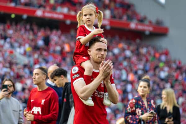 LIVERPOOL, ENGLAND - Saturday, May 20, 2023: Liverpool's Andy Robertson and his daughter on the pitch after the FA Premier League match between Liverpool FC and Aston Villa FC at Anfield. (Pic by David Rawcliffe/Propaganda)