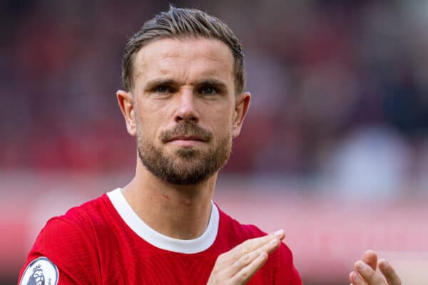 LIVERPOOL, ENGLAND - Saturday, May 20, 2023: Liverpool's captain Jordan Henderson applauds the supporters after the FA Premier League match between Liverpool FC and Aston Villa FC at Anfield. (Pic by David Rawcliffe/Propaganda)