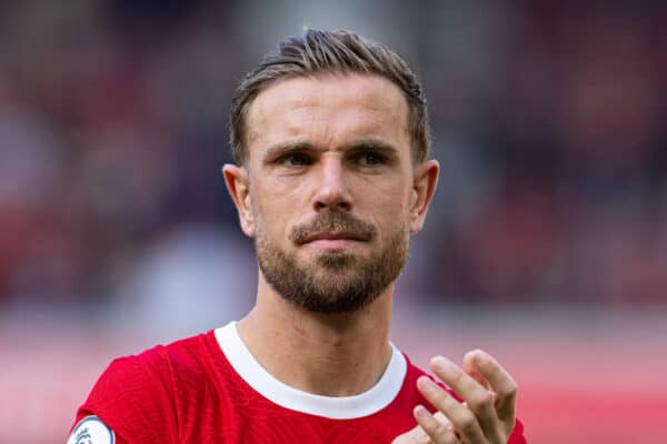 LIVERPOOL, ENGLAND - Saturday, May 20, 2023: Liverpool's captain Jordan Henderson applauds the supporters after the FA Premier League match between Liverpool FC and Aston Villa FC at Anfield. (Pic by David Rawcliffe/Propaganda)